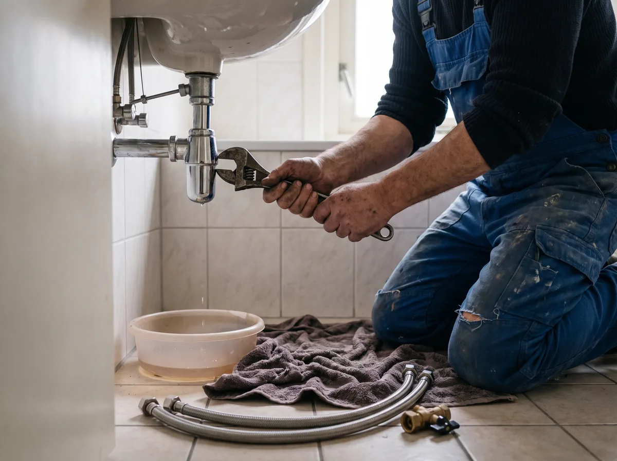 Loodgieter die met een steeksleutel werkt aan de sifon onder een wastafel
