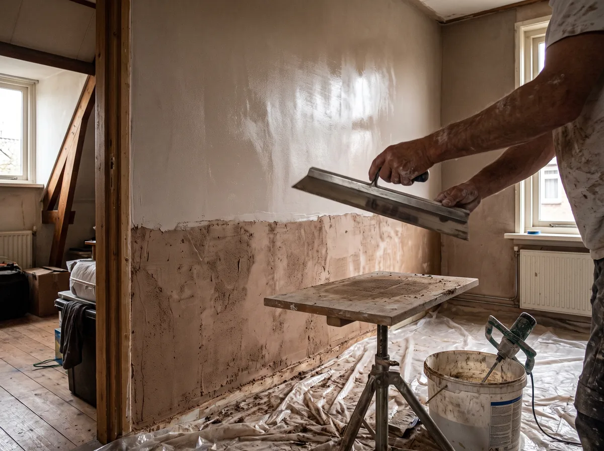 Stukadoor die met een spackmes een wand glad stuukt in een woning in renovatie